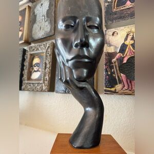 Vintage Modernist Face Sculpture on Wood Base – Abstract‎